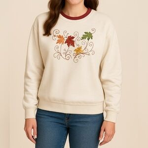 🍂 Cozy Fall Multicolor Leaf Embroidered Sweatshirt with Bead Embellishments 🍁 L